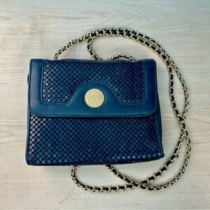 Vintage Whiting & Davis Navy, Gold Mesh Handbag w/ Chain Strap